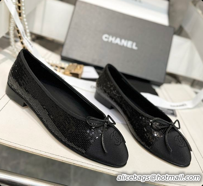Good Looking Chanel Ballerina Shoes Sequin & Grosgrain Black 60703016