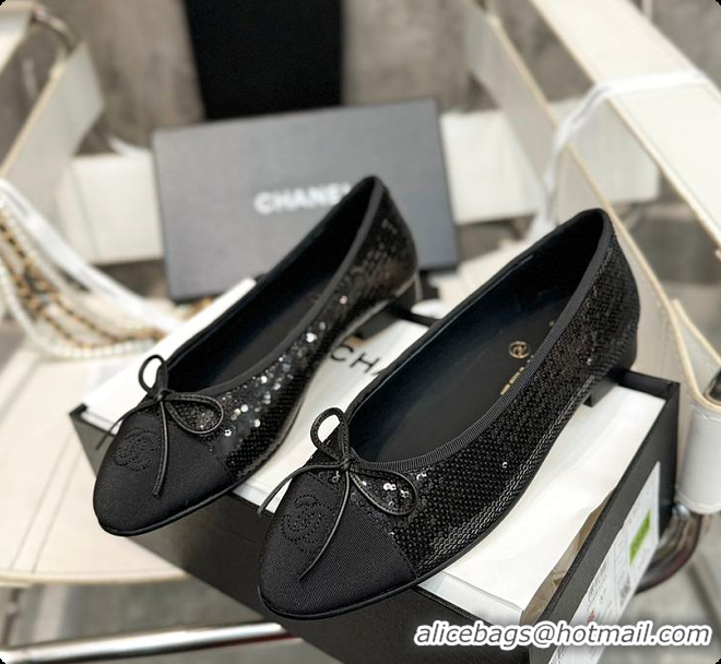 Good Looking Chanel Ballerina Shoes Sequin & Grosgrain Black 60703016