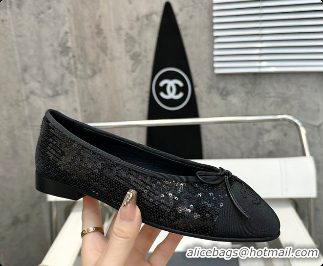 Good Looking Chanel Ballerina Shoes Sequin & Grosgrain Black 60703016