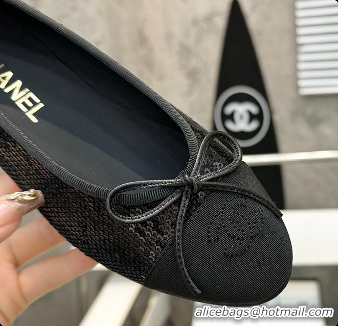 Good Looking Chanel Ballerina Shoes Sequin & Grosgrain Black 60703016