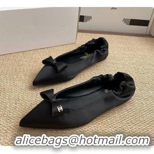 Expensive Chanel Ballerina Shoes Silk Satin Fabric Black 60703017