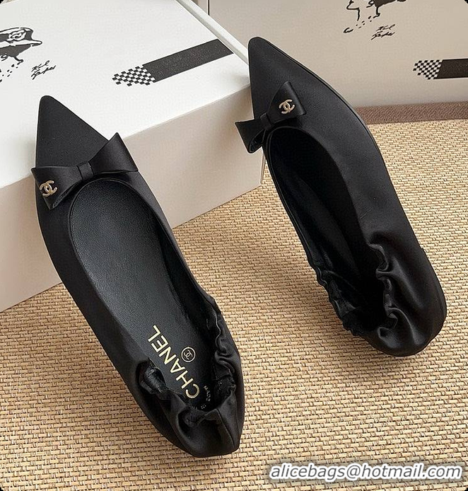 Expensive Chanel Ballerina Shoes Silk Satin Fabric Black 60703017