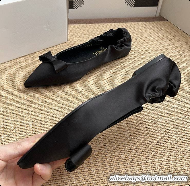 Expensive Chanel Ballerina Shoes Silk Satin Fabric Black 60703017