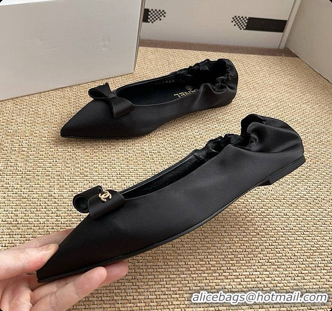 Expensive Chanel Ballerina Shoes Silk Satin Fabric Black 60703017