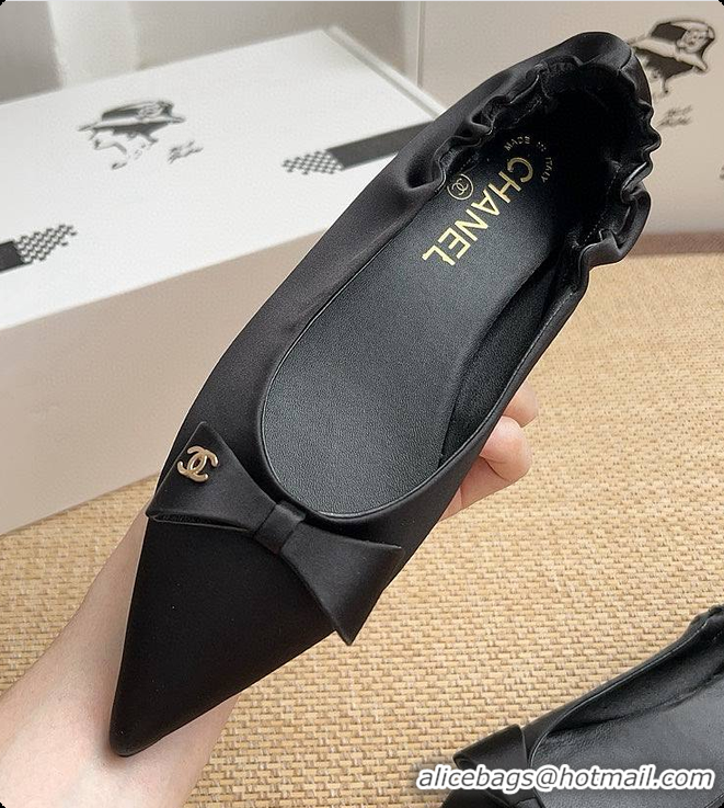 Expensive Chanel Ballerina Shoes Silk Satin Fabric Black 60703017