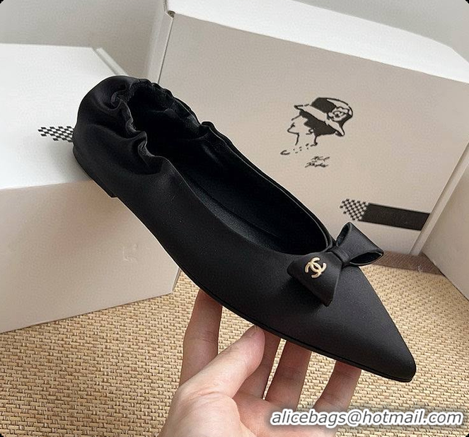 Expensive Chanel Ballerina Shoes Silk Satin Fabric Black 60703017