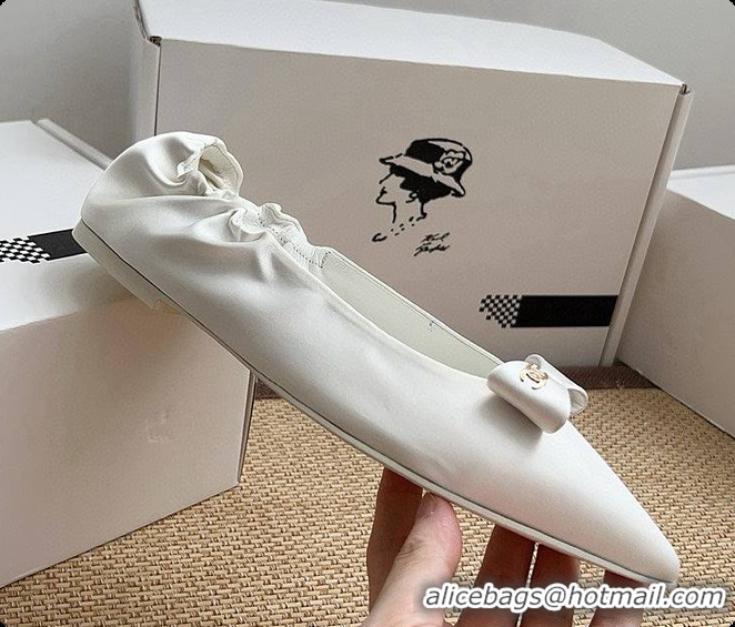 Hot Sell Chanel Ballerina Shoes Silk Satin Fabric White 60703017