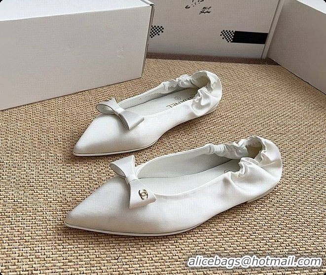 Hot Sell Chanel Ballerina Shoes Silk Satin Fabric White 60703017