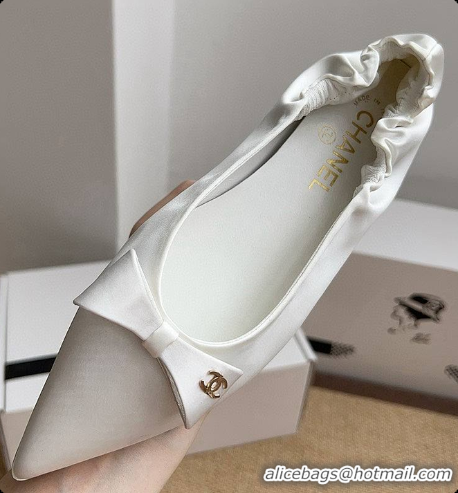 Hot Sell Chanel Ballerina Shoes Silk Satin Fabric White 60703017