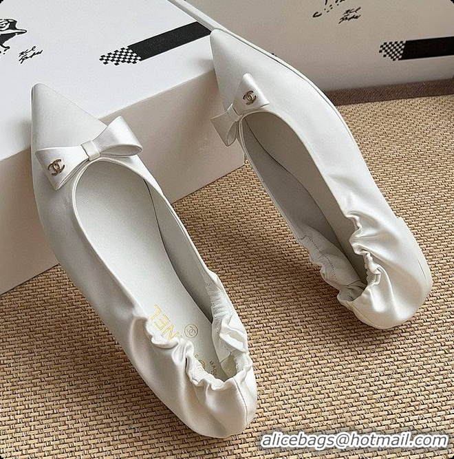 Hot Sell Chanel Ballerina Shoes Silk Satin Fabric White 60703017