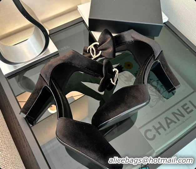 Discount Chanel Black Velvet Bow Heels 60703104
