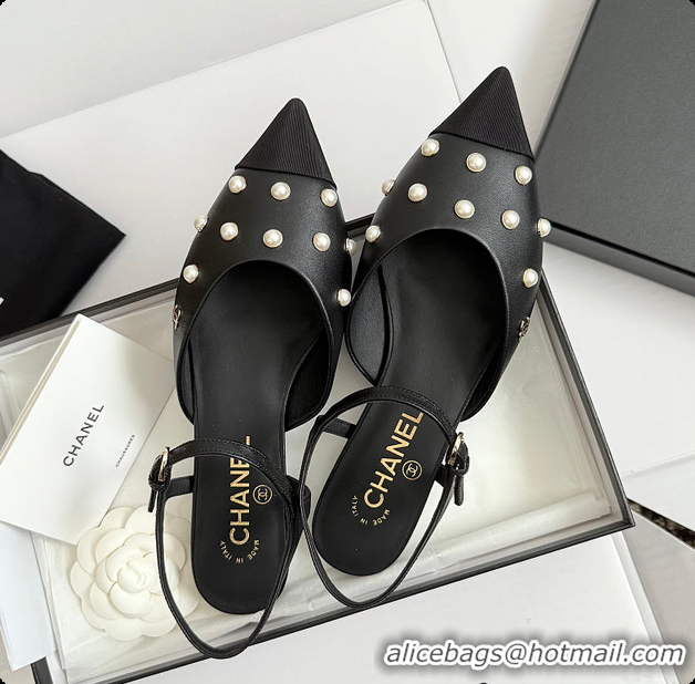 Duplicate Chanel Mary Janes Lambskin & Imitation Pearls Black 60703106