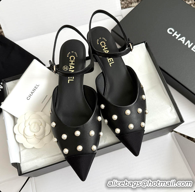 Duplicate Chanel Mary Janes Lambskin & Imitation Pearls Black 60703106