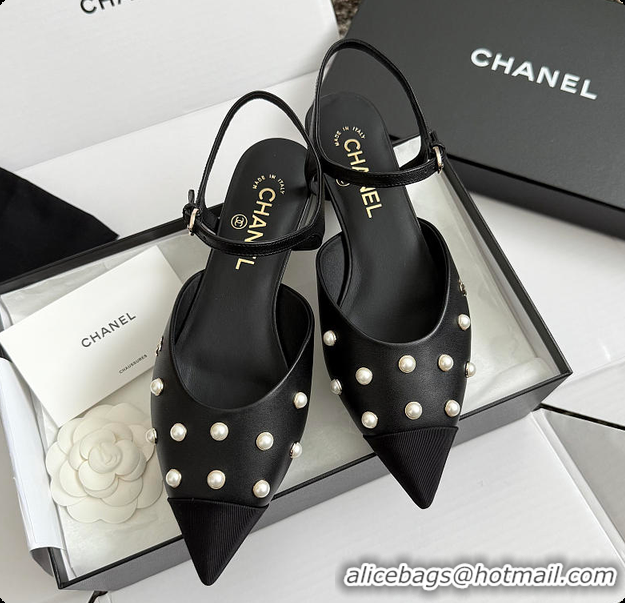 Duplicate Chanel Mary Janes Lambskin & Imitation Pearls Black 60703106