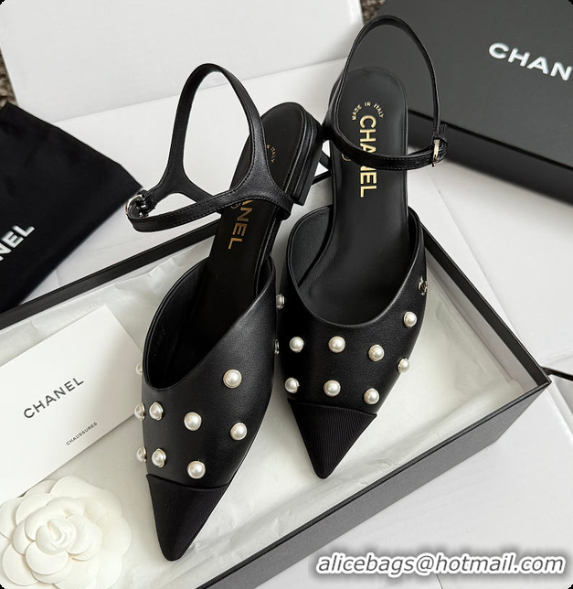 Duplicate Chanel Mary Janes Lambskin & Imitation Pearls Black 60703106