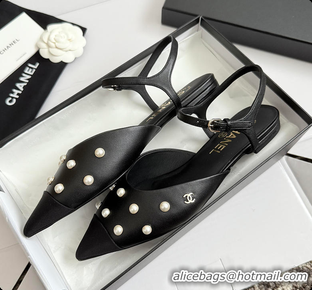 Duplicate Chanel Mary Janes Lambskin & Imitation Pearls Black 60703106