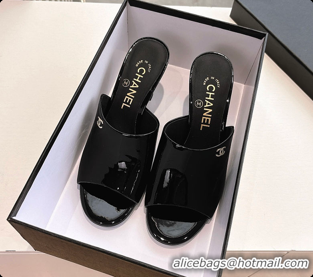Low Cost Chanel Open Heel Shoes Glossy Calfskin Black 60703106