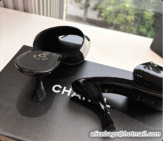 Low Cost Chanel Open Heel Shoes Glossy Calfskin Black 60703106