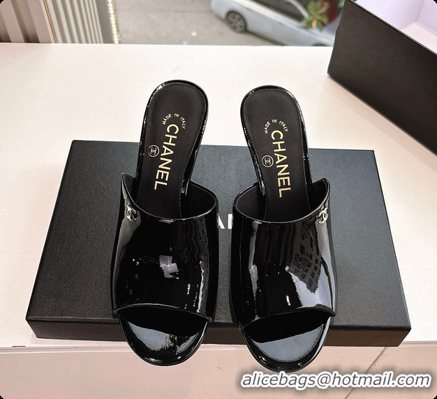 Low Cost Chanel Open Heel Shoes Glossy Calfskin Black 60703106