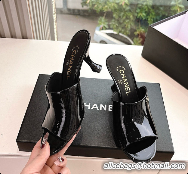Low Cost Chanel Open Heel Shoes Glossy Calfskin Black 60703106
