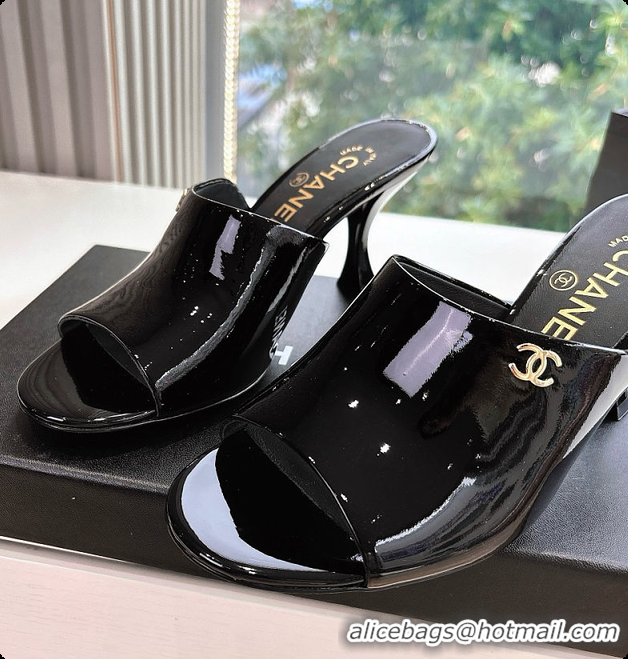 Low Cost Chanel Open Heel Shoes Glossy Calfskin Black 60703106