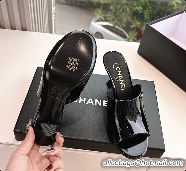 Low Cost Chanel Open Heel Shoes Glossy Calfskin Black 60703106