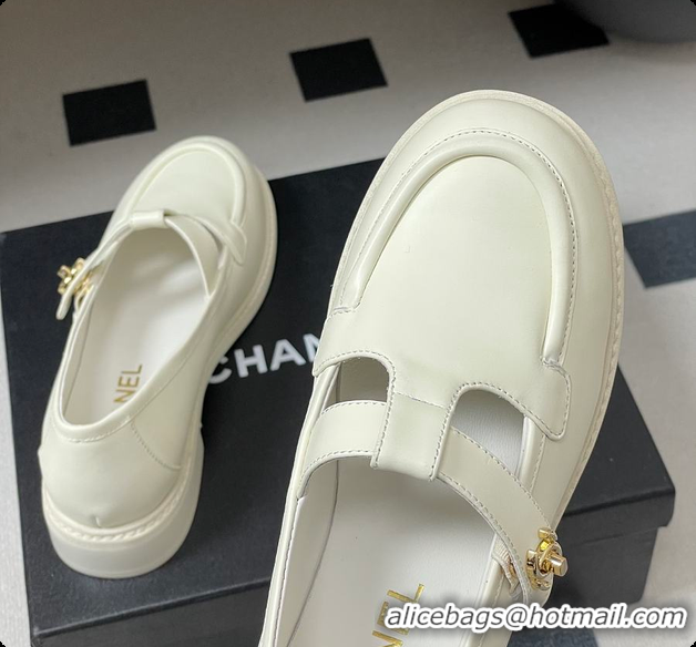 Luxurious Chanel Moccasins Shoes Calfskin White 60703107