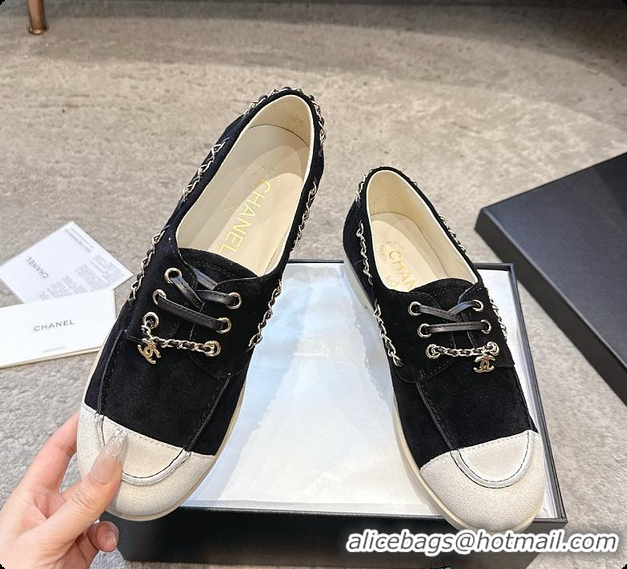 Most Popular Chanel Moccasins Suede Calfskin Black & Light Grey 60703109