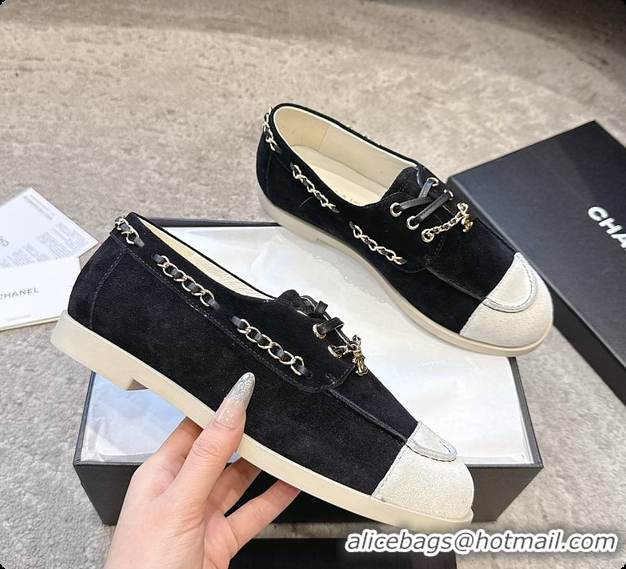 Most Popular Chanel Moccasins Suede Calfskin Black & Light Grey 60703109
