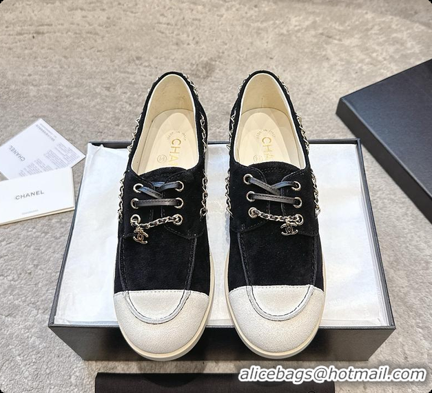 Most Popular Chanel Moccasins Suede Calfskin Black & Light Grey 60703109