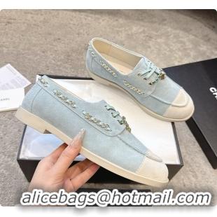 Good Product Chanel Moccasins Suede Calfskin Light Blue & White 60703109