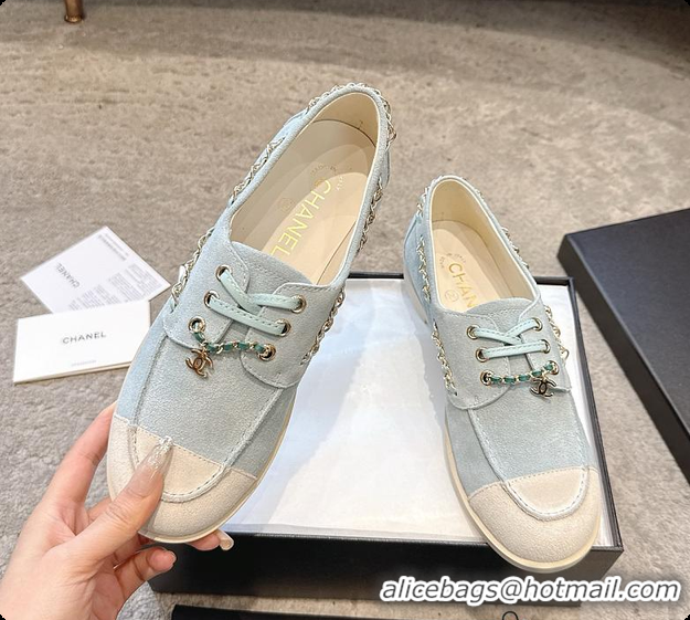 Good Product Chanel Moccasins Suede Calfskin Light Blue & White 60703109