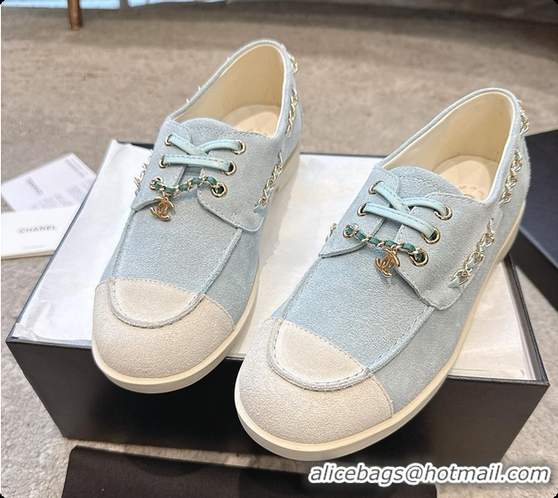 Good Product Chanel Moccasins Suede Calfskin Light Blue & White 60703109