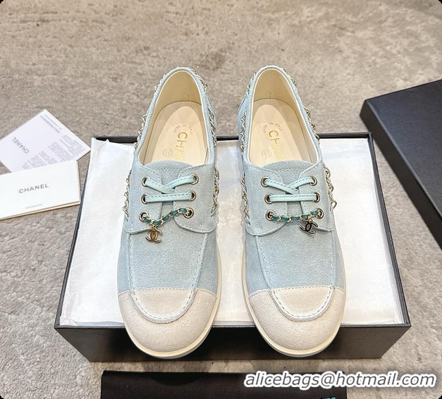 Good Product Chanel Moccasins Suede Calfskin Light Blue & White 60703109
