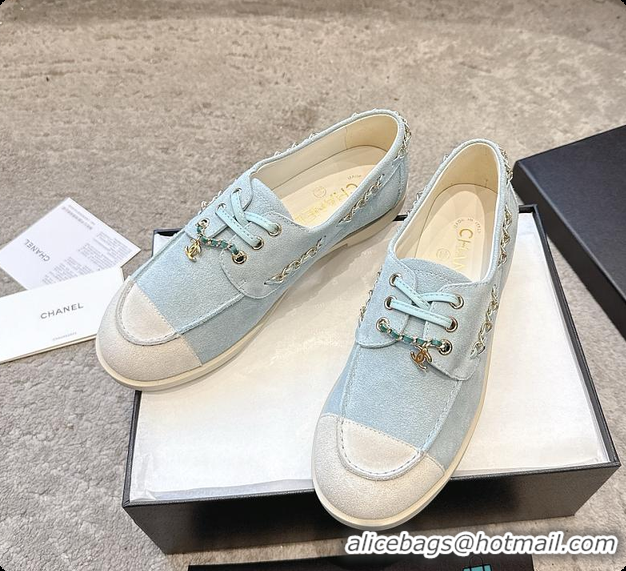 Good Product Chanel Moccasins Suede Calfskin Light Blue & White 60703109