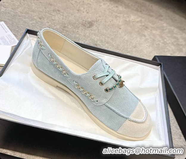Good Product Chanel Moccasins Suede Calfskin Light Blue & White 60703109
