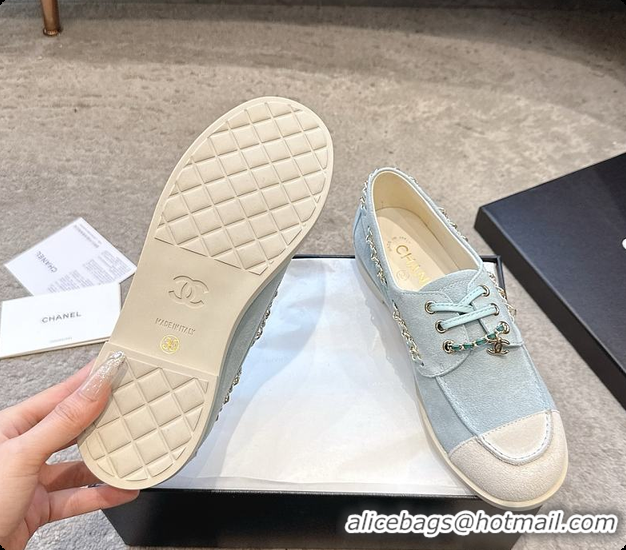 Good Product Chanel Moccasins Suede Calfskin Light Blue & White 60703109