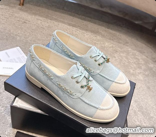 Good Product Chanel Moccasins Suede Calfskin Light Blue & White 60703109