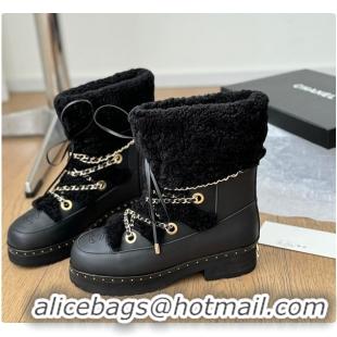 Purchase Chanel Cuffed Lamb Wool Snow Boots Black 60703110
