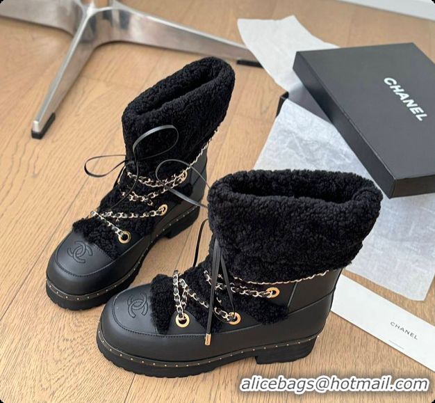 Purchase Chanel Cuffed Lamb Wool Snow Boots Black 60703110