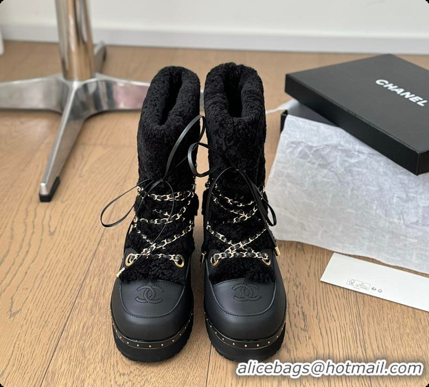 Purchase Chanel Cuffed Lamb Wool Snow Boots Black 60703110
