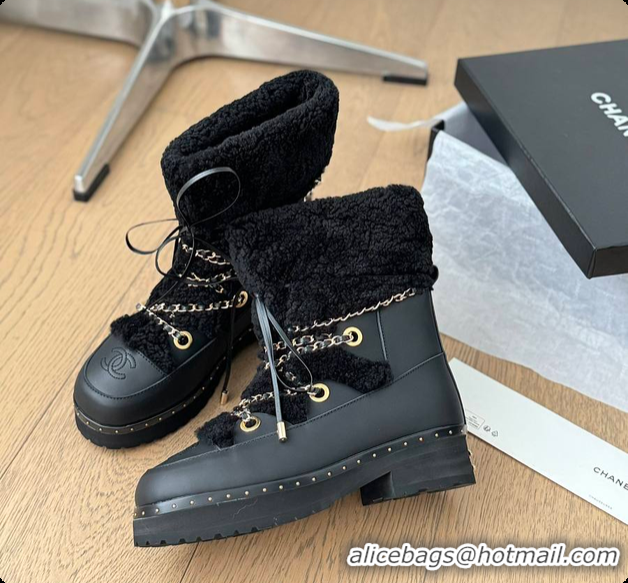 Purchase Chanel Cuffed Lamb Wool Snow Boots Black 60703110