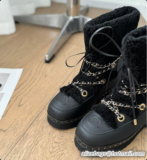 Purchase Chanel Cuffed Lamb Wool Snow Boots Black 60703110