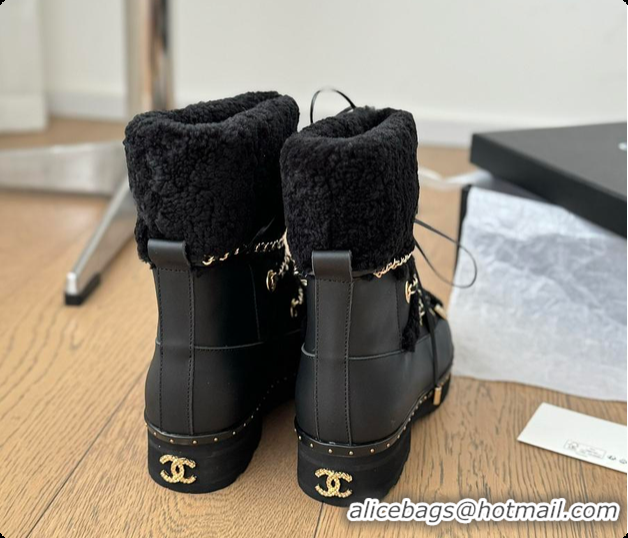 Purchase Chanel Cuffed Lamb Wool Snow Boots Black 60703110