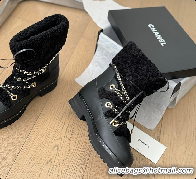 Purchase Chanel Cuffed Lamb Wool Snow Boots Black 60703110