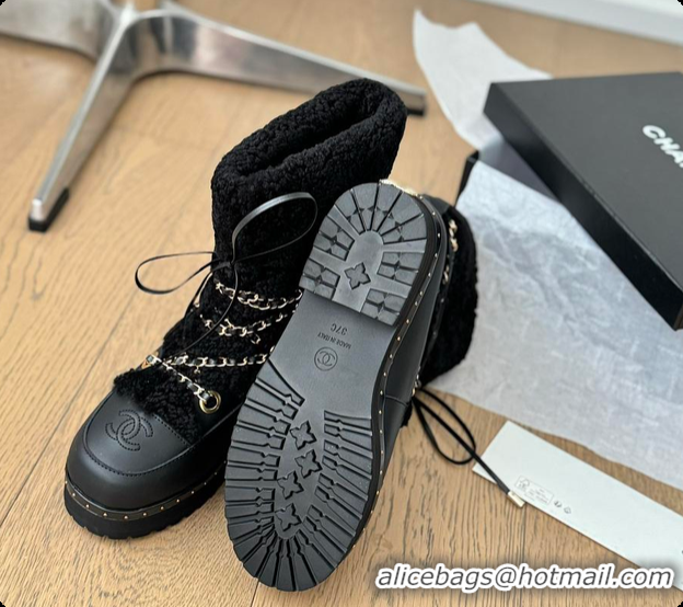 Purchase Chanel Cuffed Lamb Wool Snow Boots Black 60703110