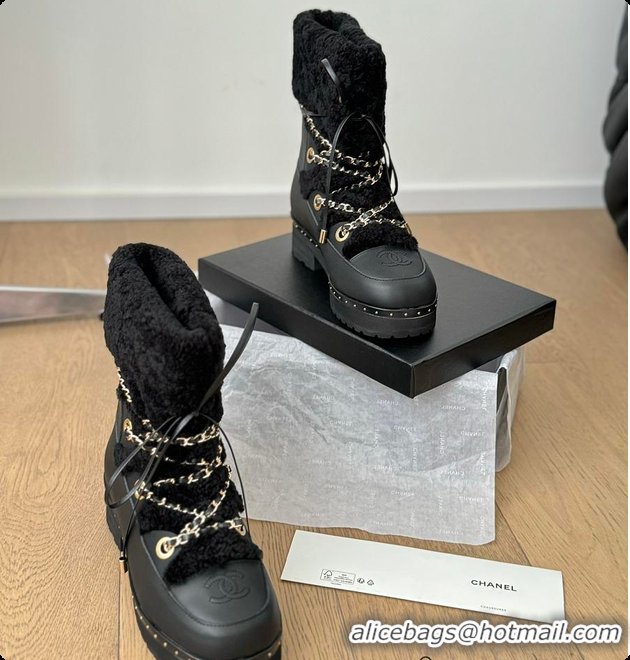 Purchase Chanel Cuffed Lamb Wool Snow Boots Black 60703110