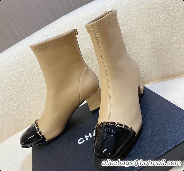 Low Cost Chanel Patent Leather Ankle boots Beige 60703111