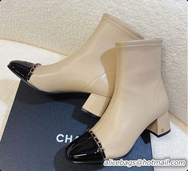 Low Cost Chanel Patent Leather Ankle boots Beige 60703111