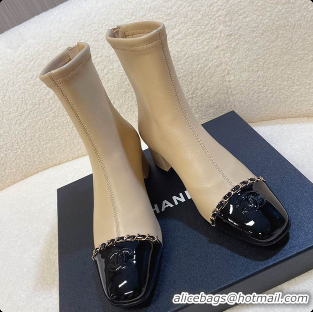 Low Cost Chanel Patent Leather Ankle boots Beige 60703111
